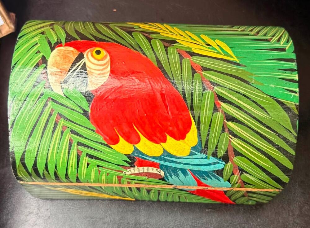 Vintage Hand Painted Tropical Macaw Parrot Wooden Trunk / Trinket Box